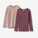 Wheat Main Sæt af 2 Langærmede Rib T-shirts Ida T-Shirt 3118 eggplant